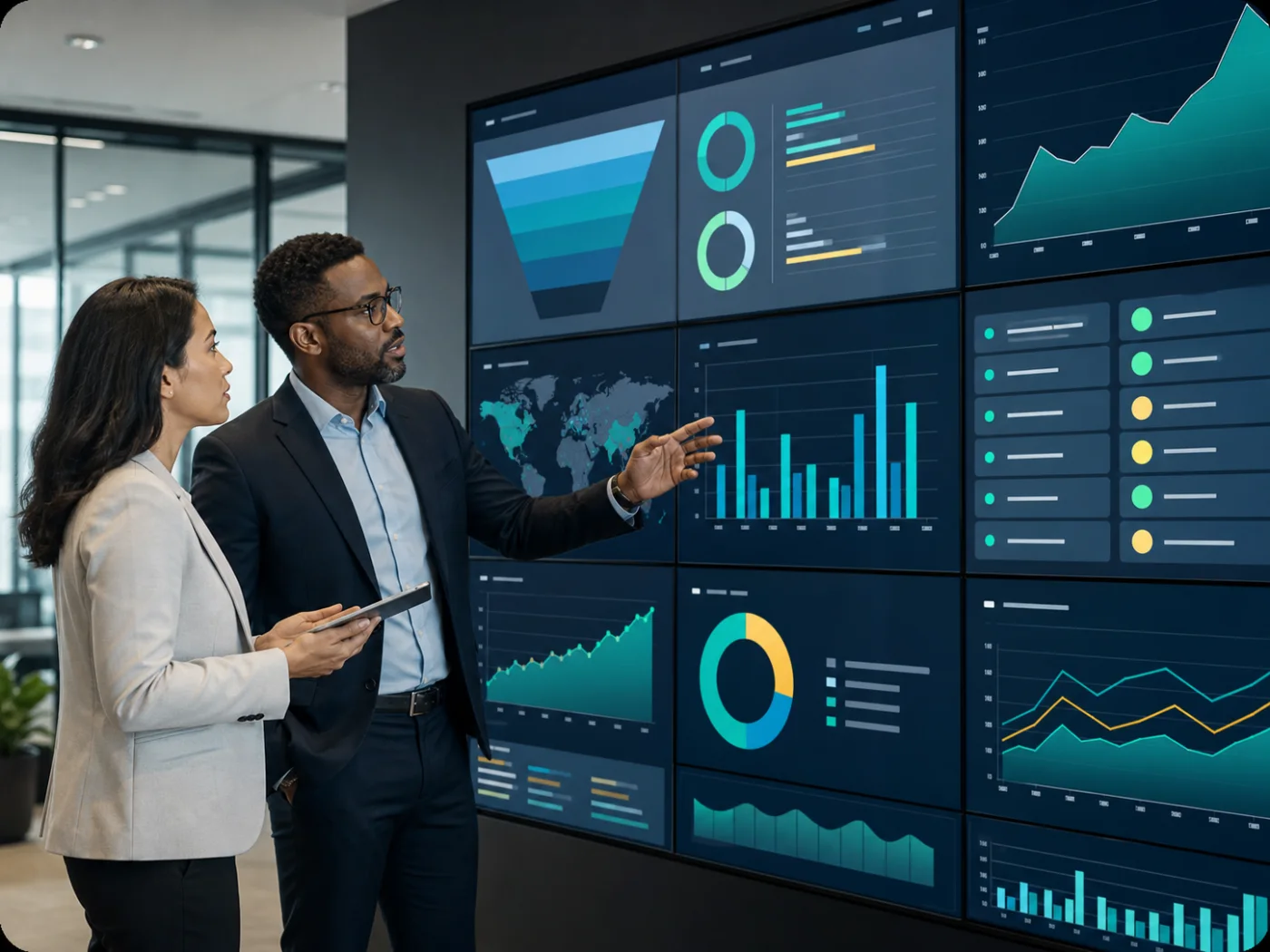 Equipe analisando dashboards de CRM, SLA e performance