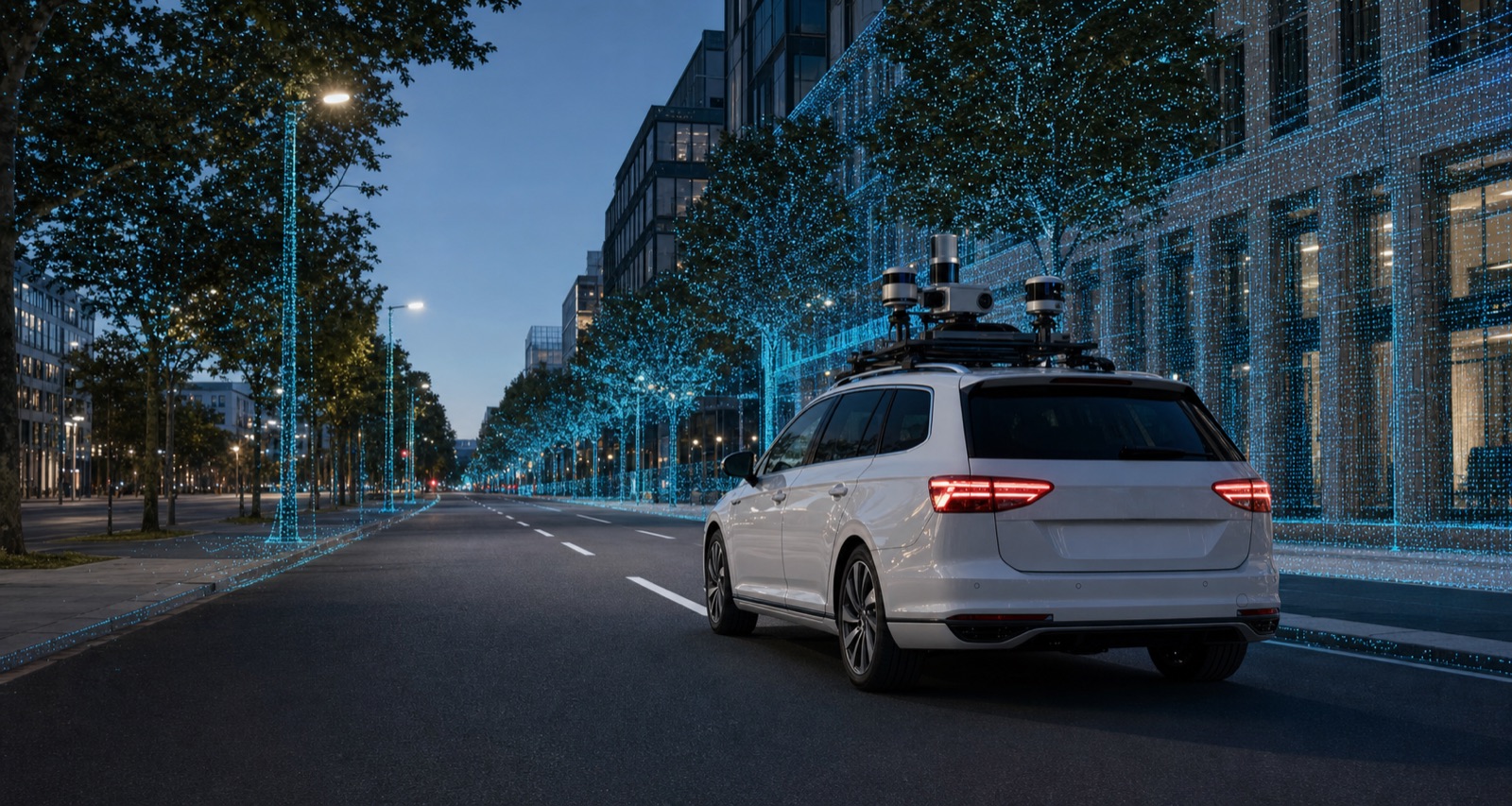 LiDAR and SLAM survey vehicle mapping an avenue into a 3D point cloud